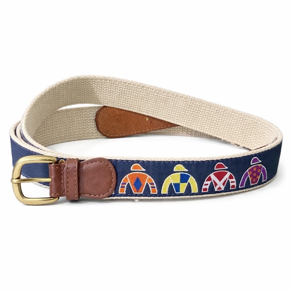 Vtg Embroidered Jockey Silks Belt Size 32 Equestrian Brass Buckle Golf Dominican